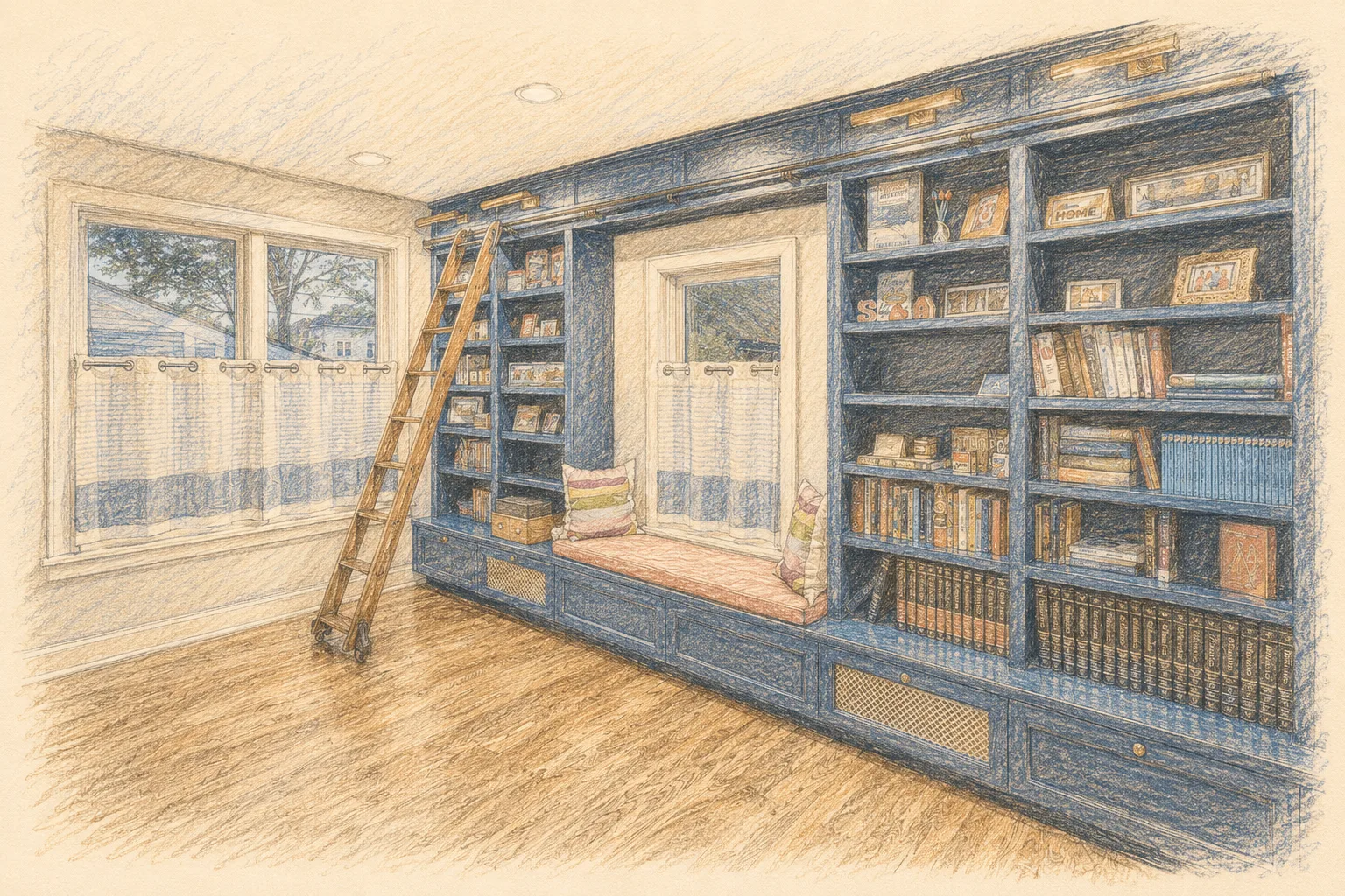 Colored-pencil illustration of the Allston library