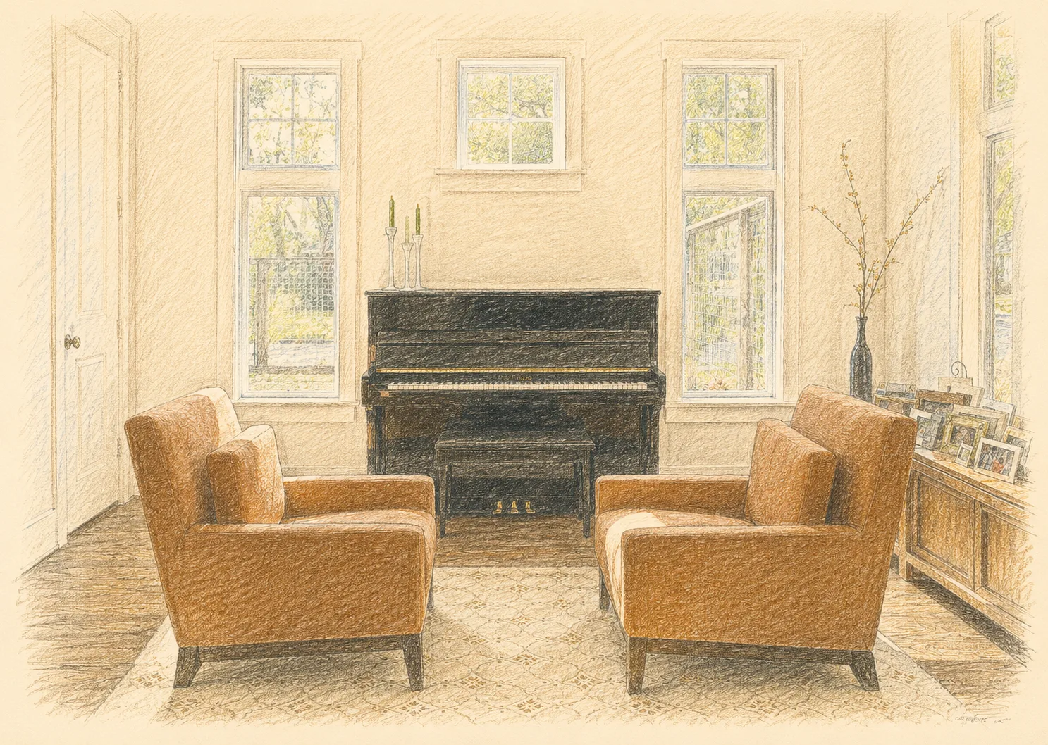 Colored-pencil illustration of the Althea den and piano room