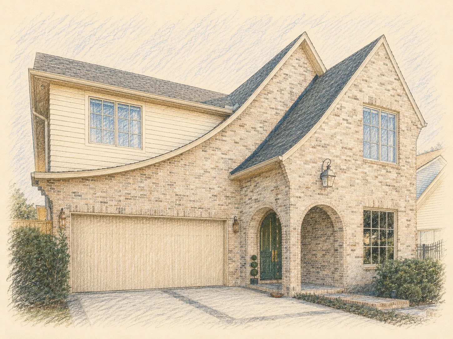 Colored-pencil illustration of the Georgetown Tudor front elevation