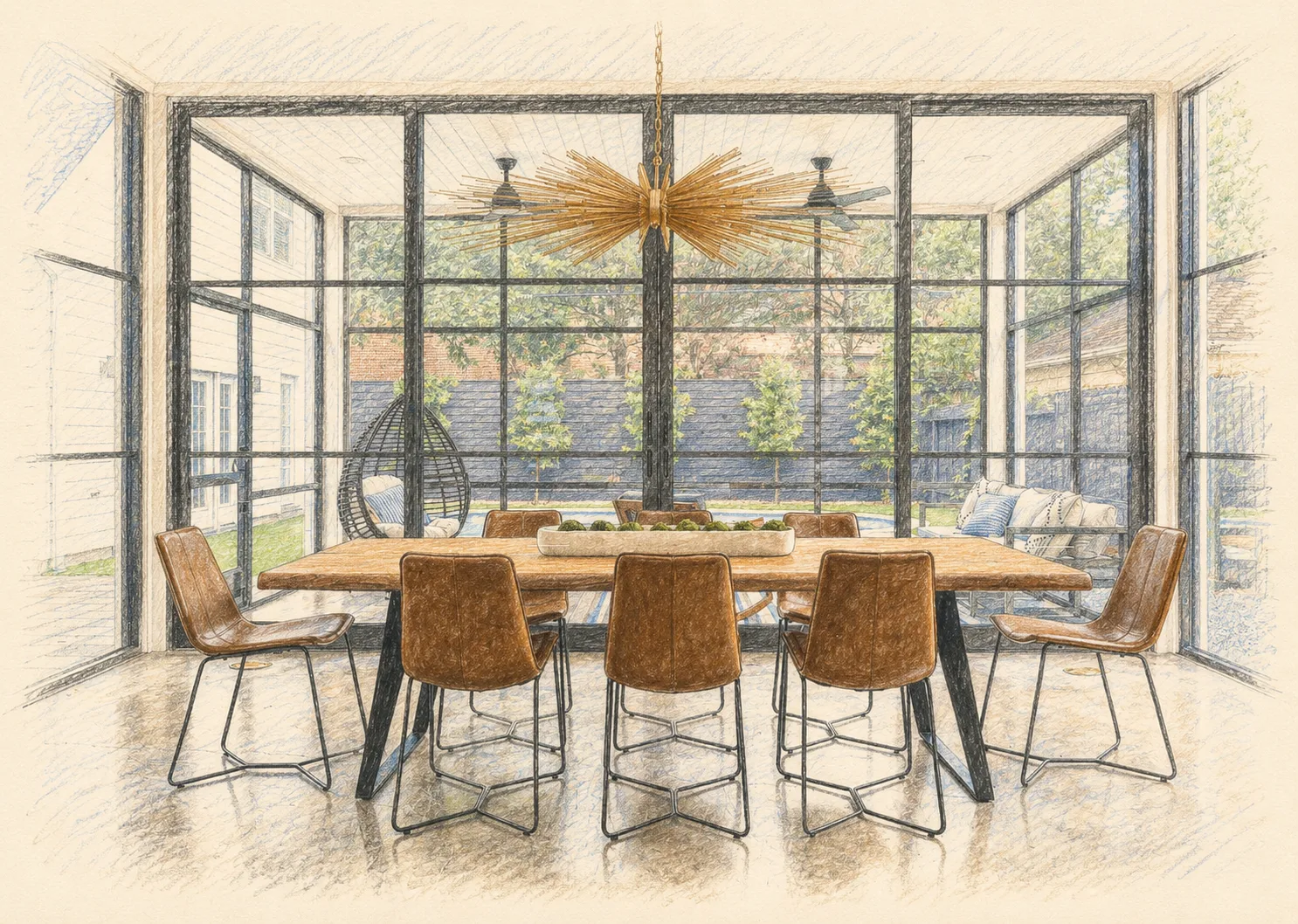 Colored-pencil illustration of the Sunset dining room