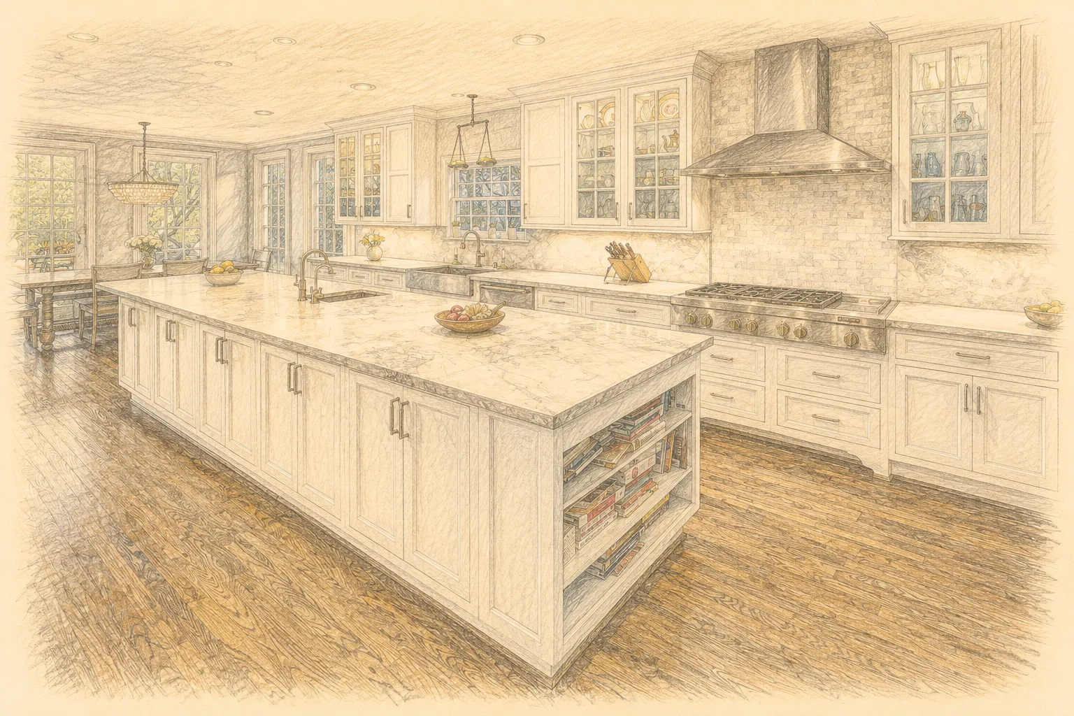 Colored-pencil illustration of the Villanova kitchen