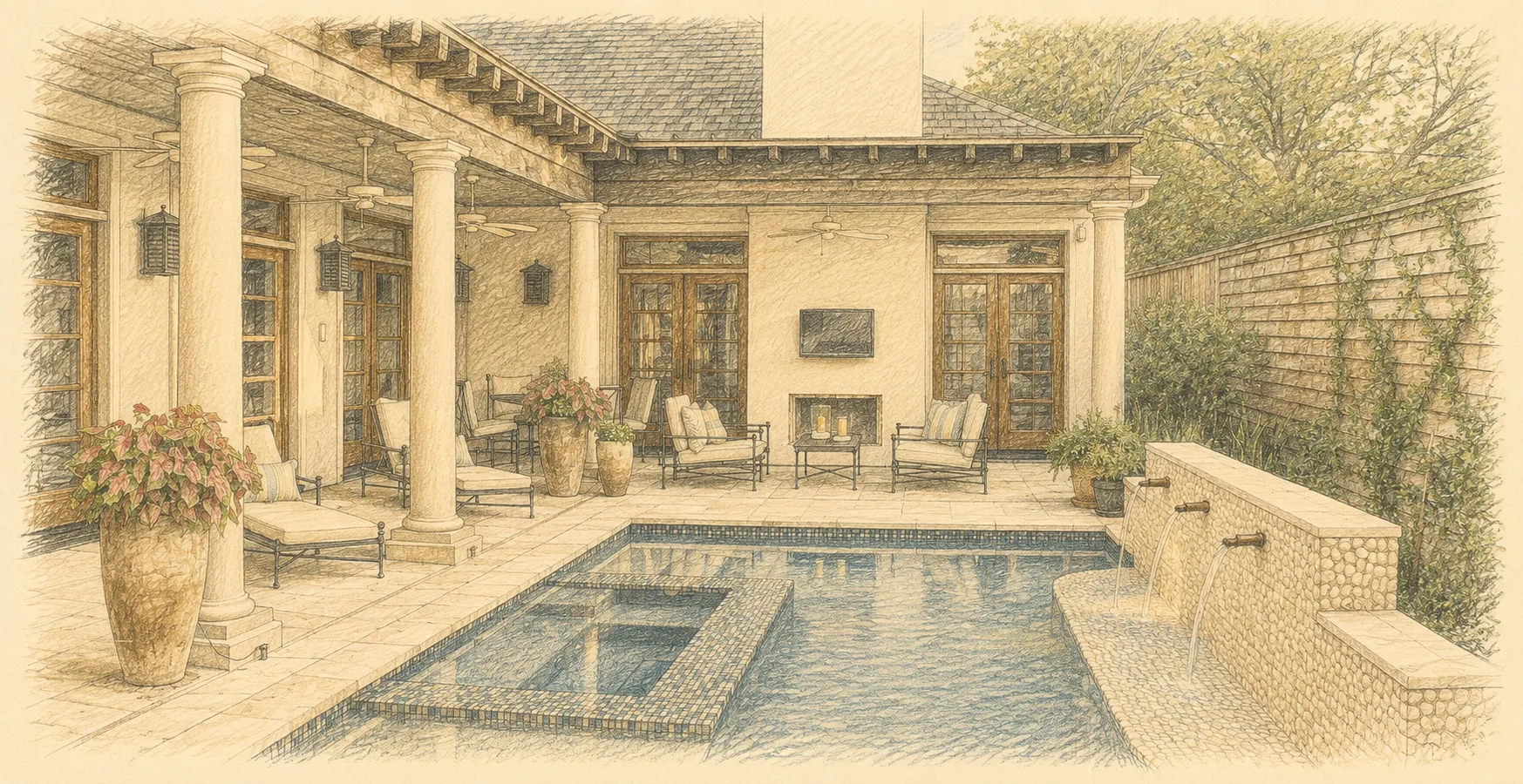 Colored-pencil illustration of the Westerman pool courtyard patio